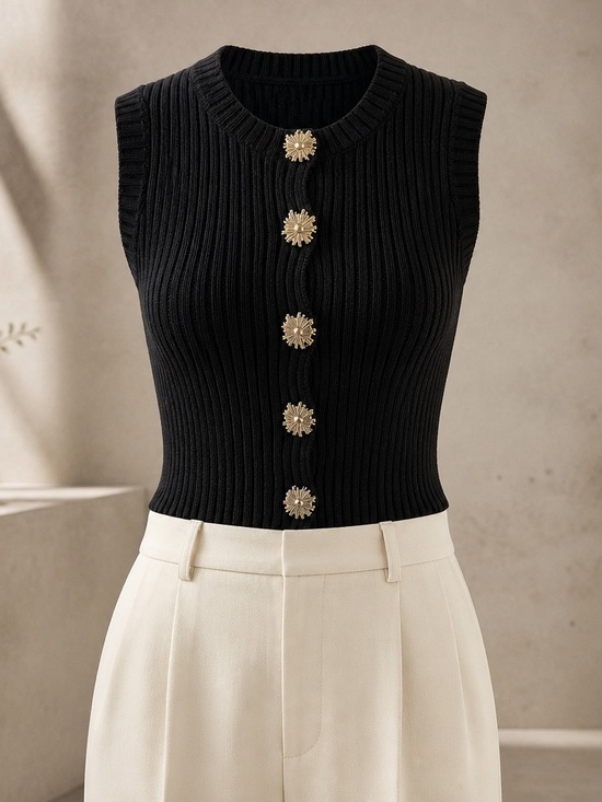 Boutique Tops - Black Ribbed Sleeveless Button-Front Knit Top